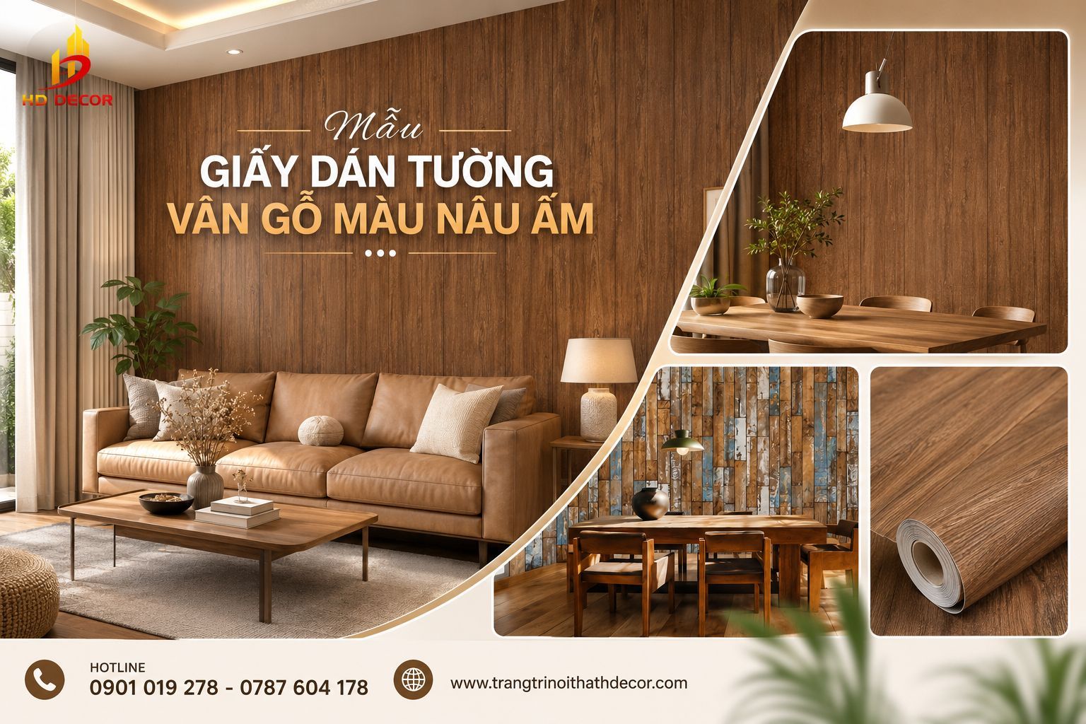 mẫu giấy dán tường giả gỗ màu nâu ấm