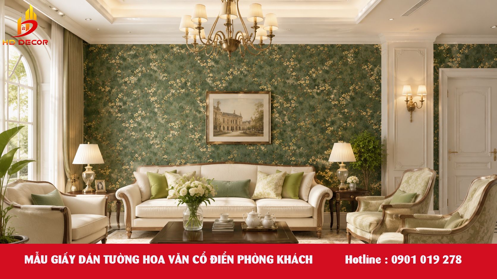 mẫu giấy dán tường hoa văn cổ điển phòng khách 