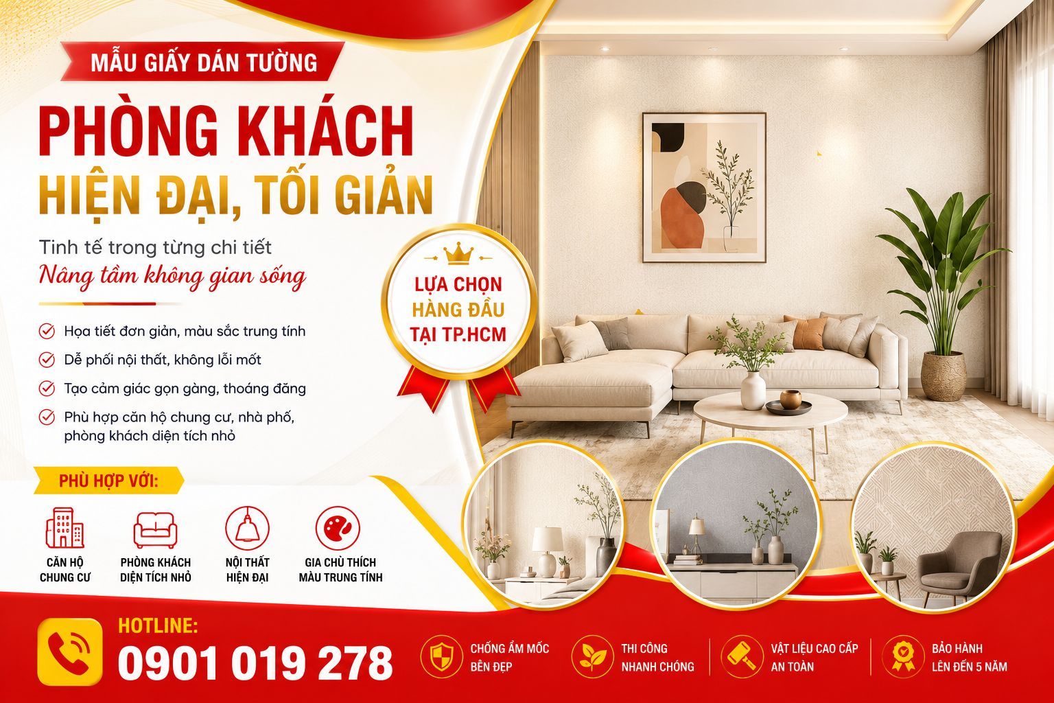 giấy dán tường phòng khách hiện đại tối giản
