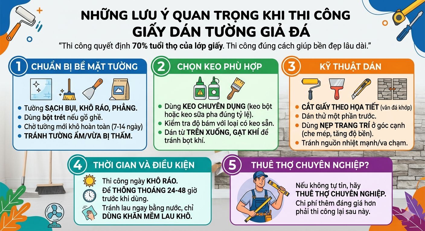 những lưu ý khi thi công giấy dán tường giả đá 