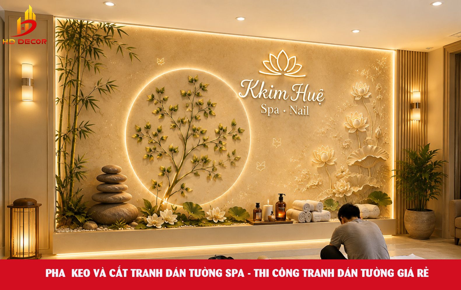 pha keo và cắt tranh dán tường spa