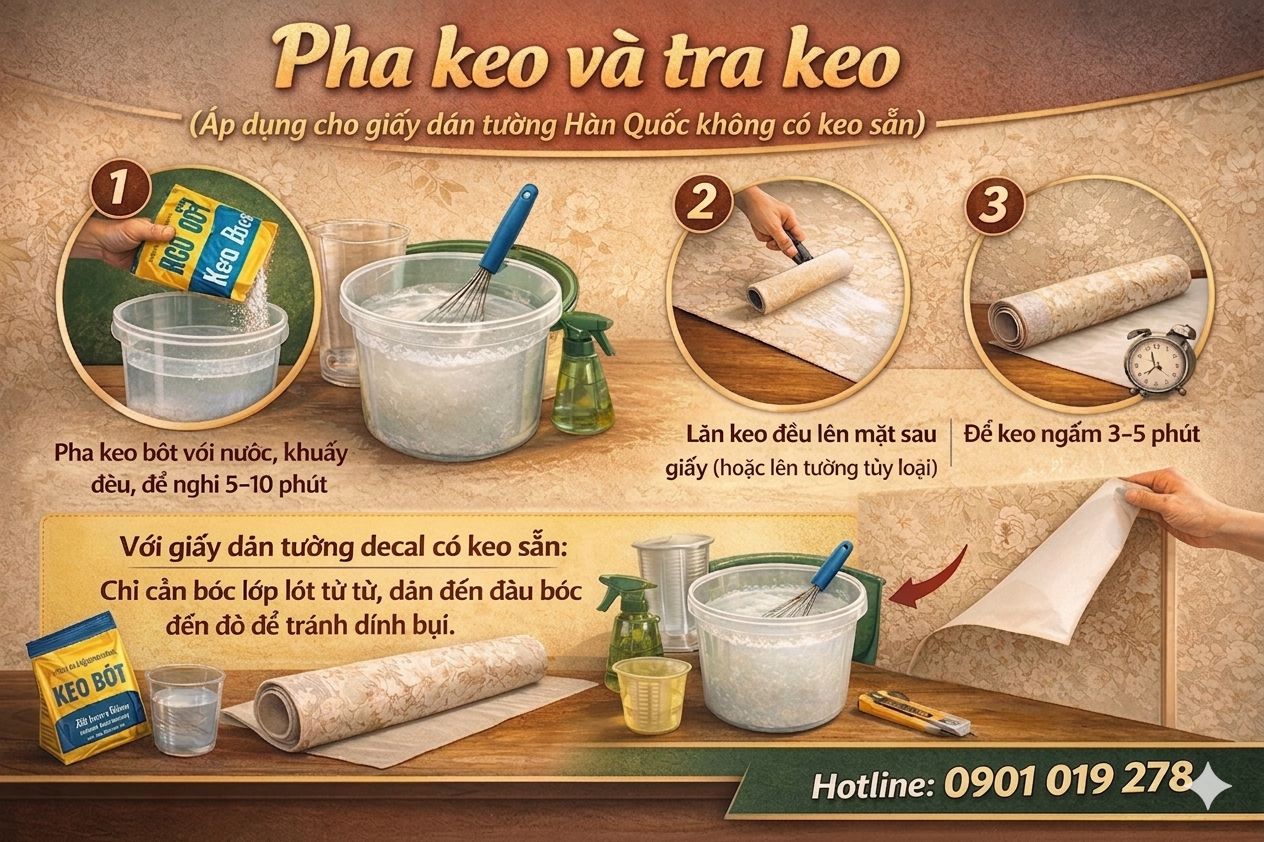 pha keo và tra keo  trong khi thi công giấy dán tường 