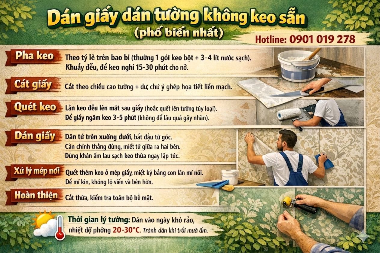 quy trình dán giấy dán tường không có keo sẵn