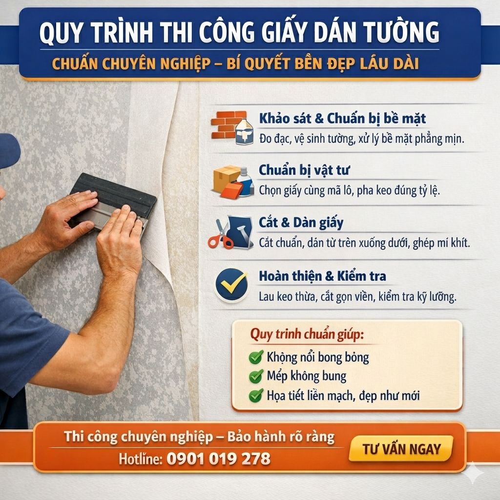 quy trình thi công giấy dán tường đạt chuẩn chuyên nghiệp 