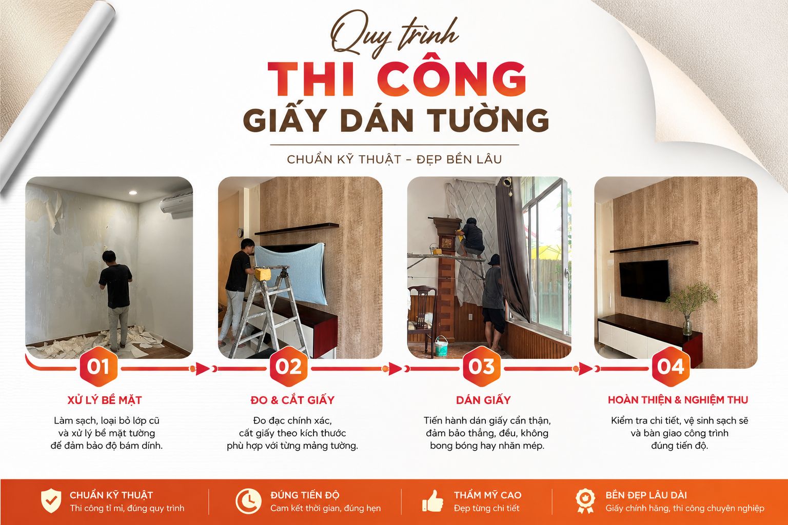 quy trình thi công giấy dán tường đạt chuẩn 