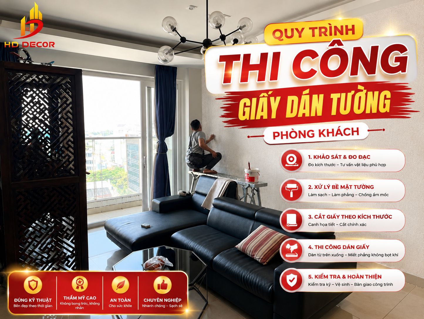 quy trình thi công giấy dán tường phòng khách