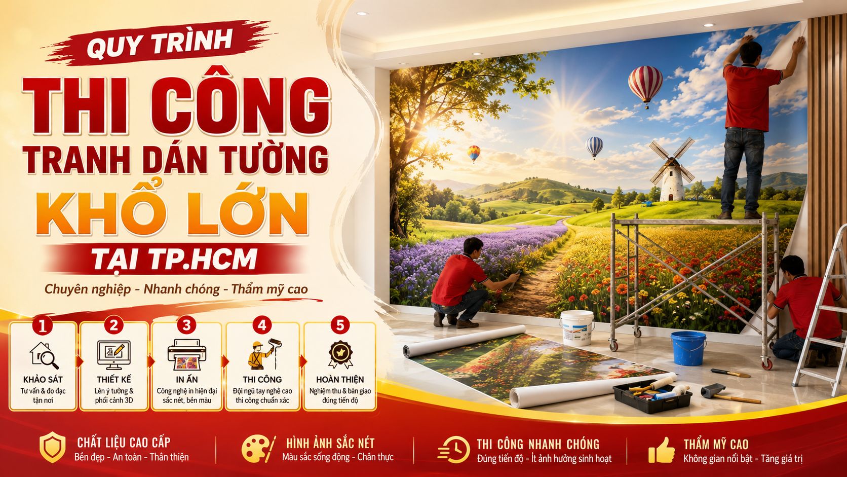 quy trình thi công tranh dán tường khổ lớn