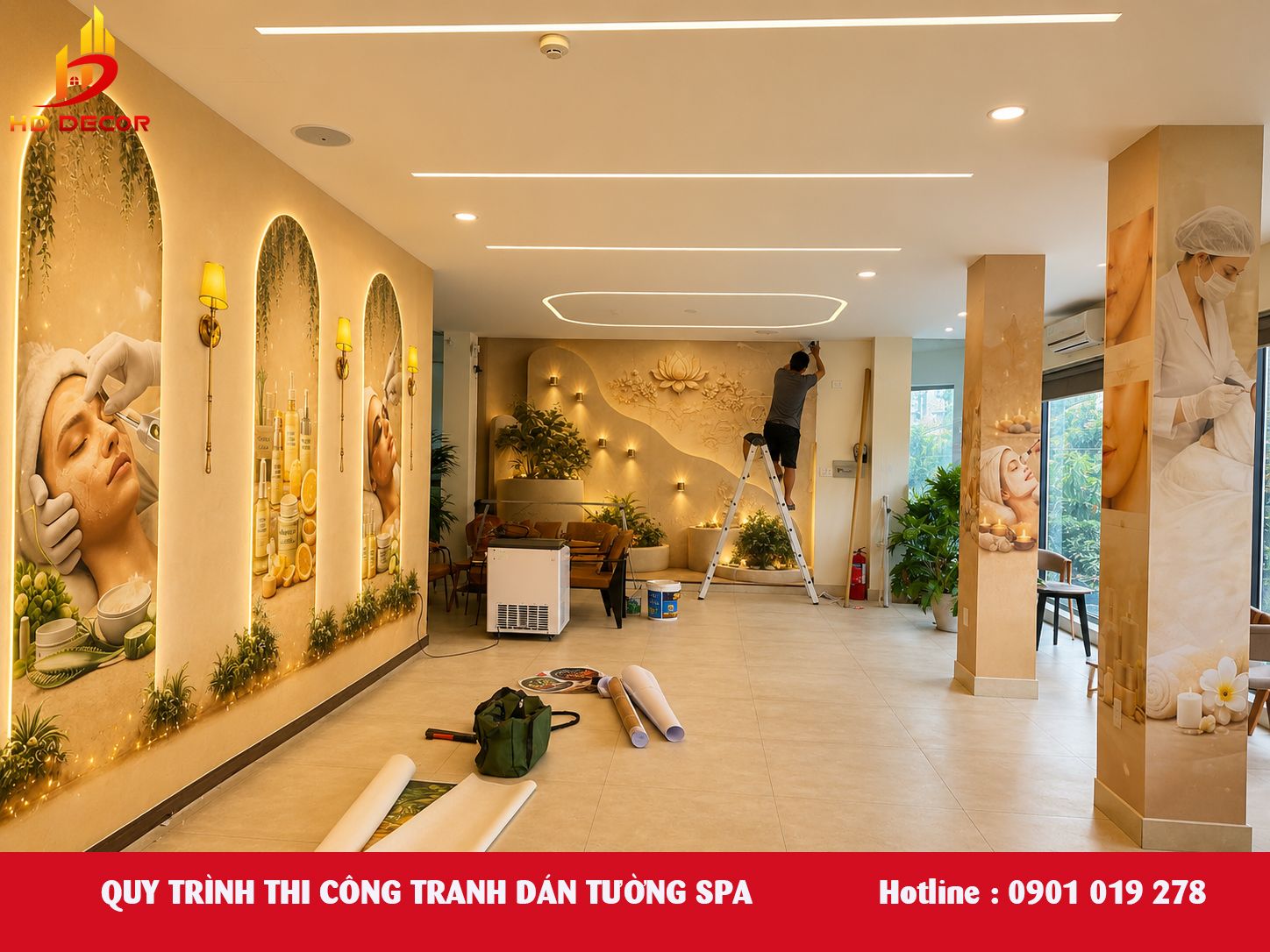 quy trình thi công tranh dán tường spa