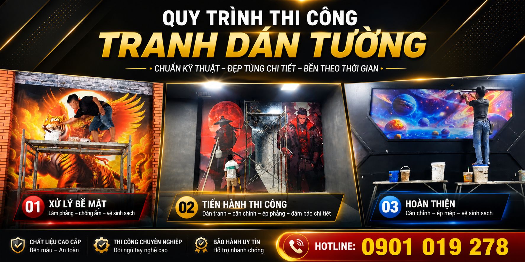 quy trình thi công tranh dán tường