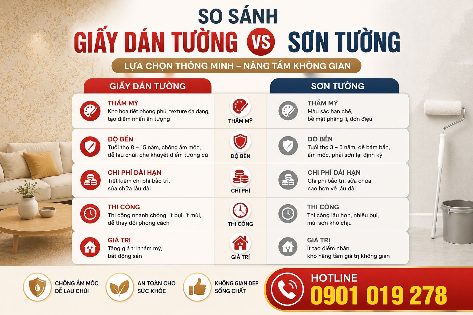 so sánh giấy dán tường với sơn tường