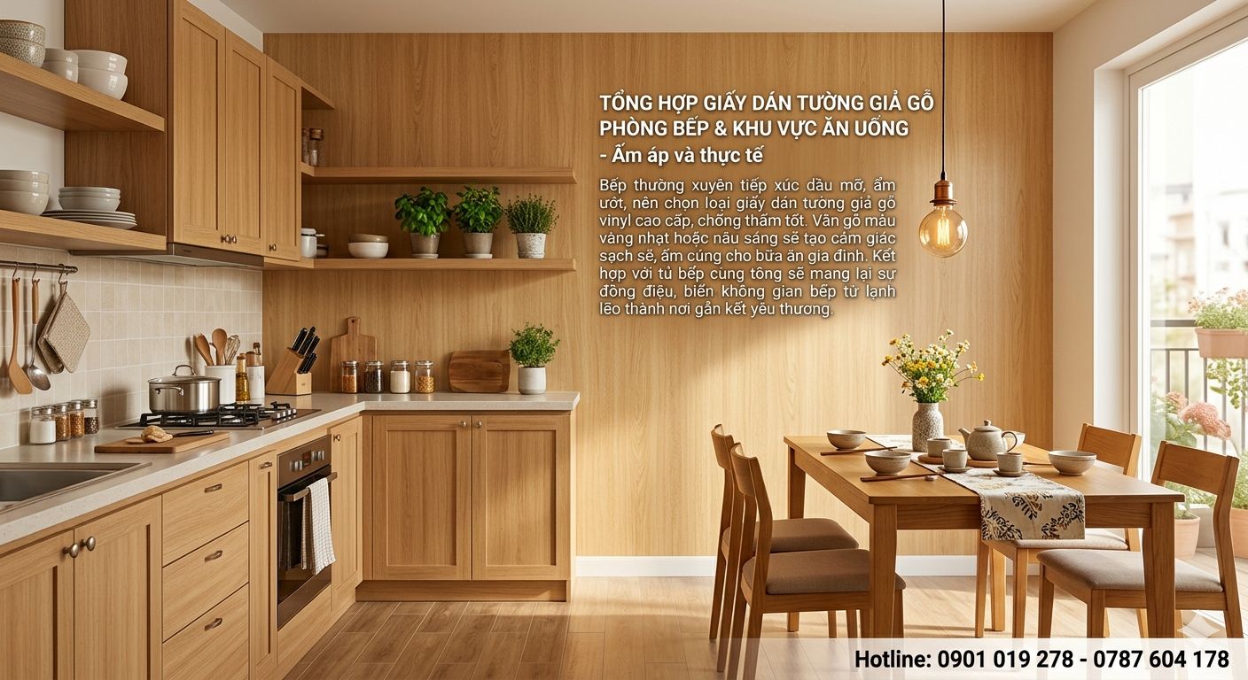 tổng hợp mẫu giấy dán tường giả gỗ cho phòng bếp