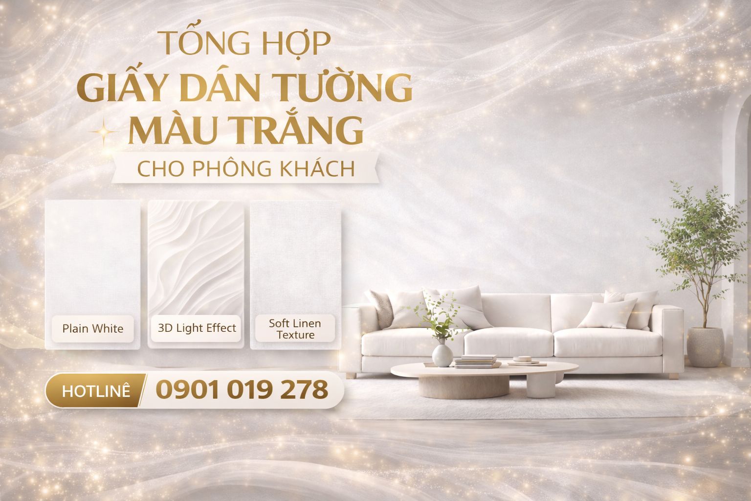tổng hợp giấy dán tường màu trắng cho phòng khách