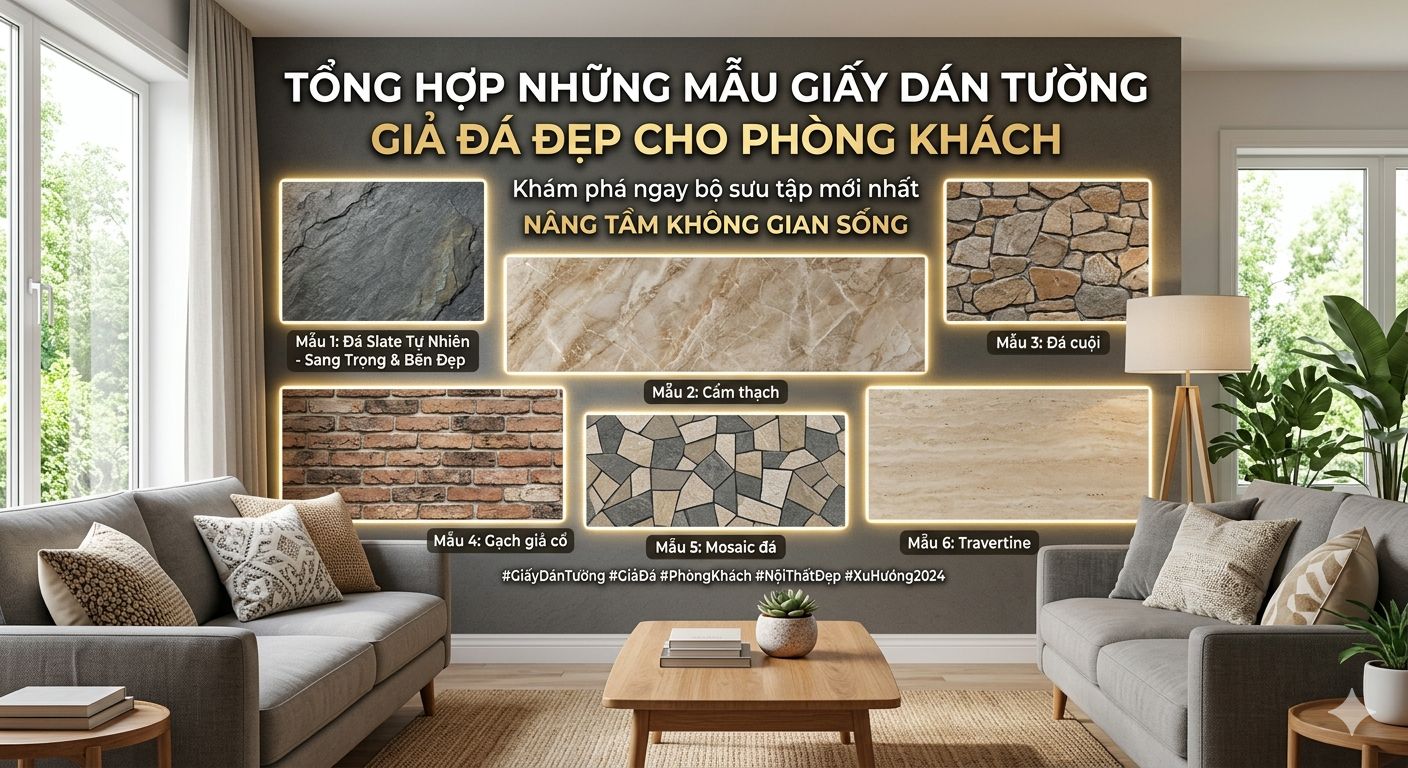 tổng hợp những giấy dán tường giả đá cho phòng khách 