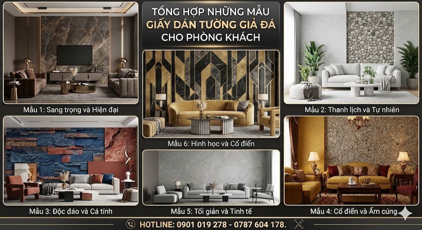 những mẫu giấy dán tường giả đá cho phòng khách 