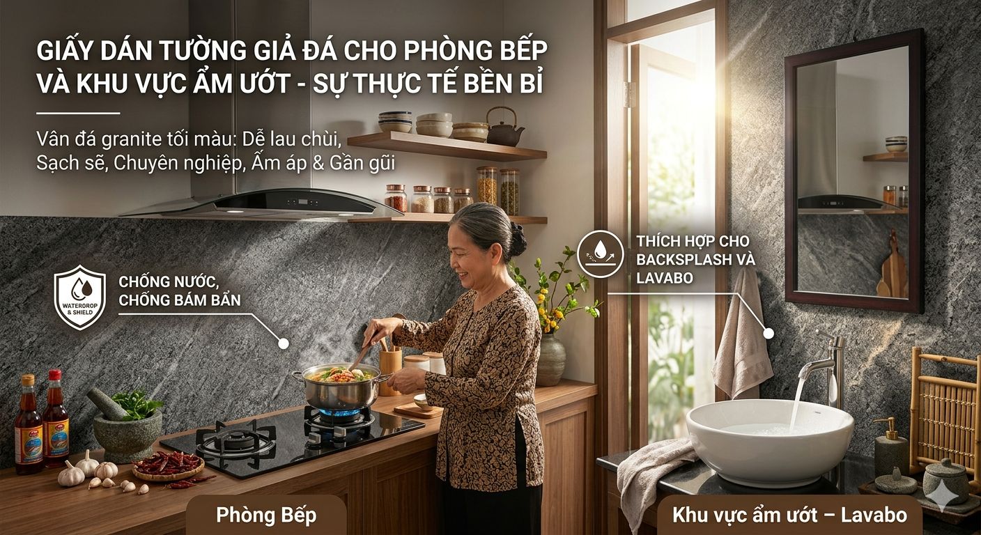 tổng hợp những mẫu giấy dán tường giả đá cho phòng bếp 