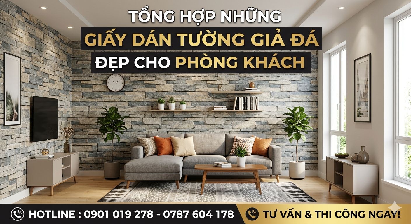 tổng hợp những mẫu giấy dán tường giả đá đẹp cho phòng khách 