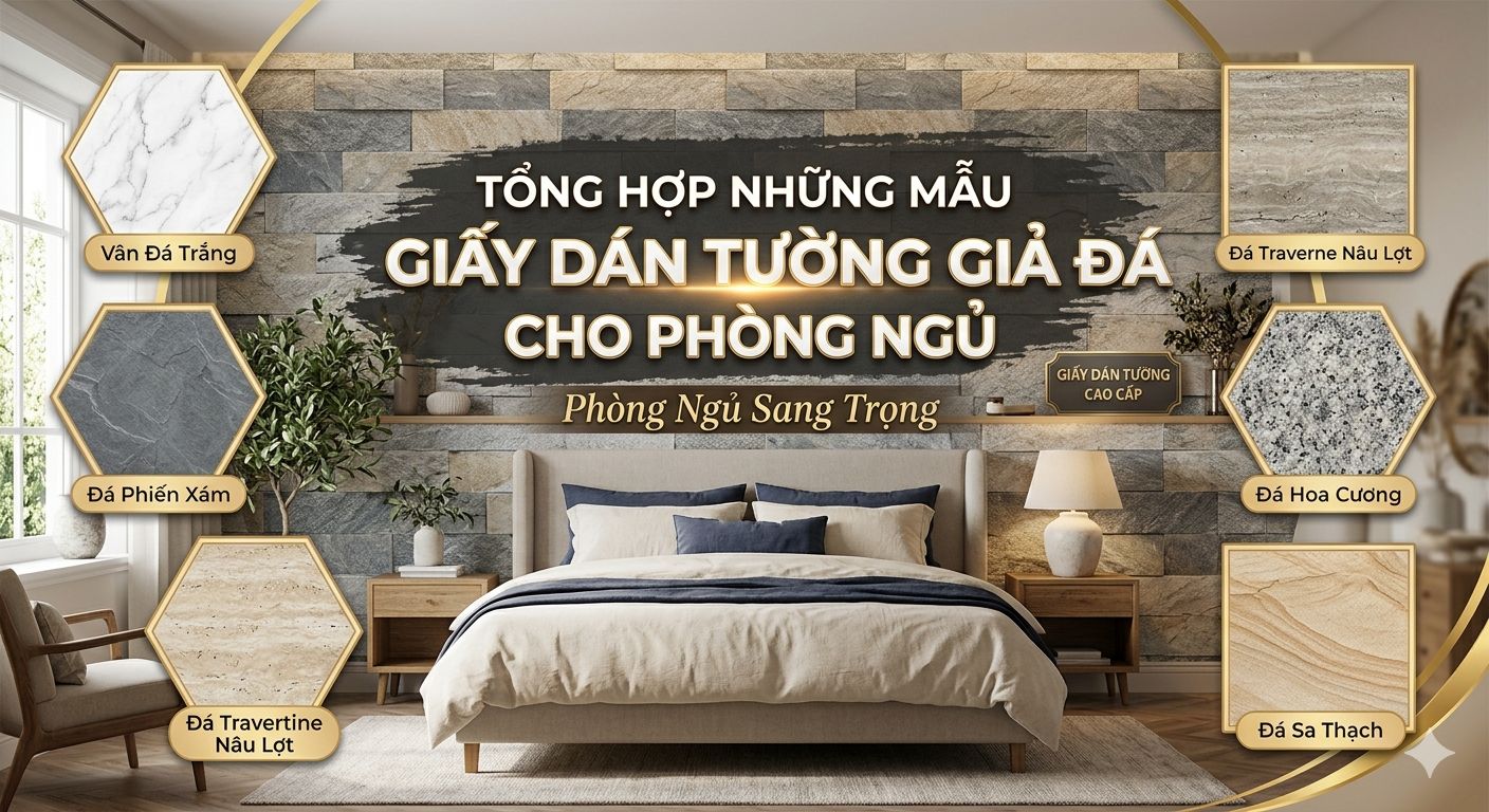 những mẫu giấy dán tường giả đá cho phòng ngủ 