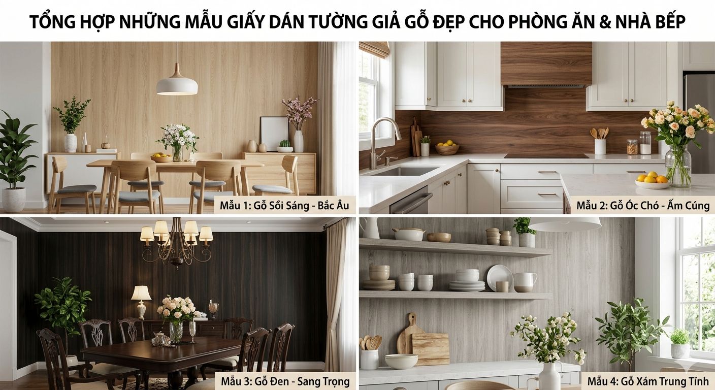 tổng hợp những mẫu giấy dán tường giả gỗ cho phòng ăn - nhà bếp