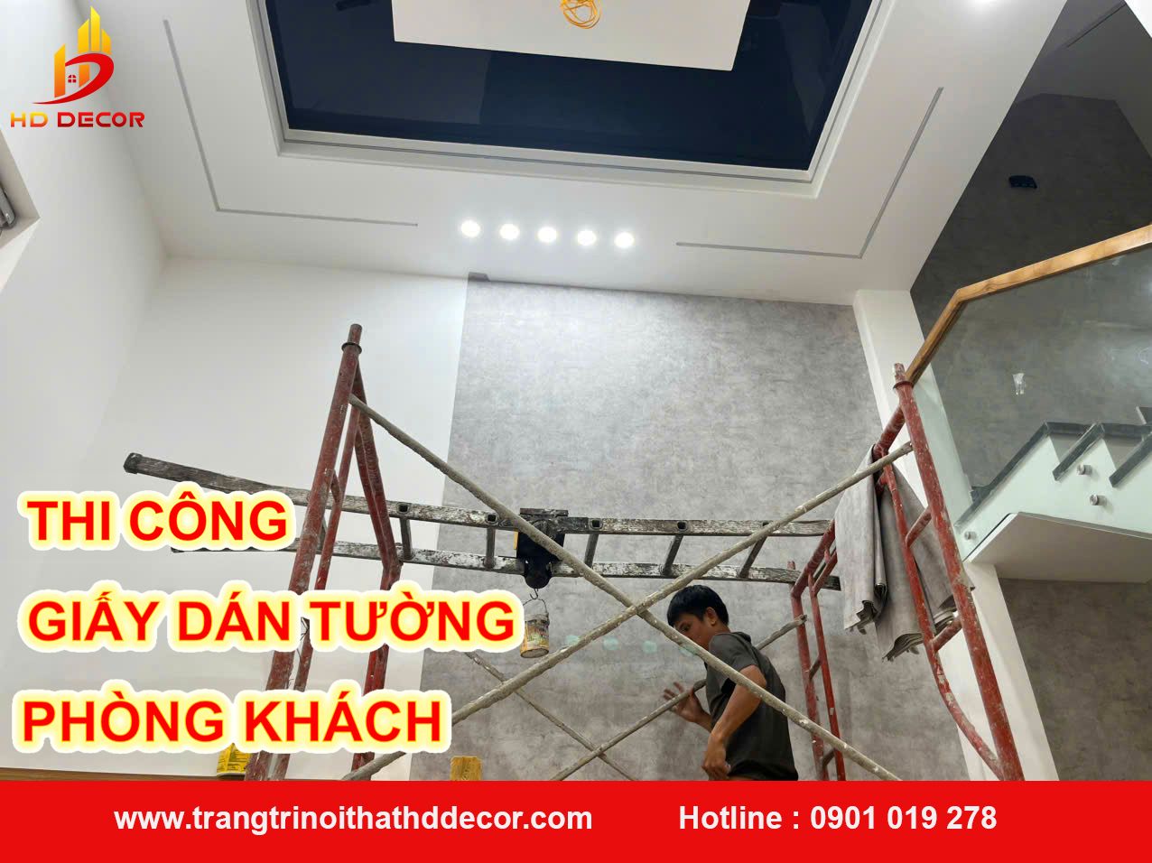 thi công giấy dán tường phòng khách 