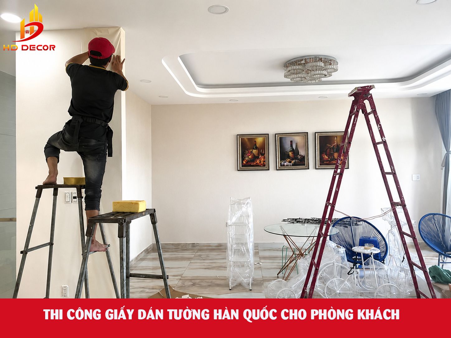 thi công giấy dán tường hàn quốc cho phòng khách 
