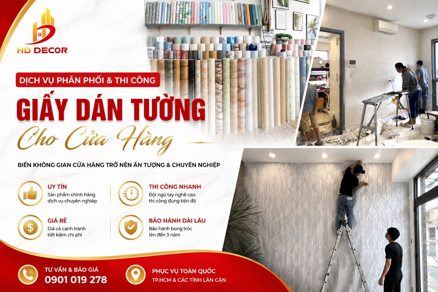 thi công giấy dán tường cho cửa hàng 