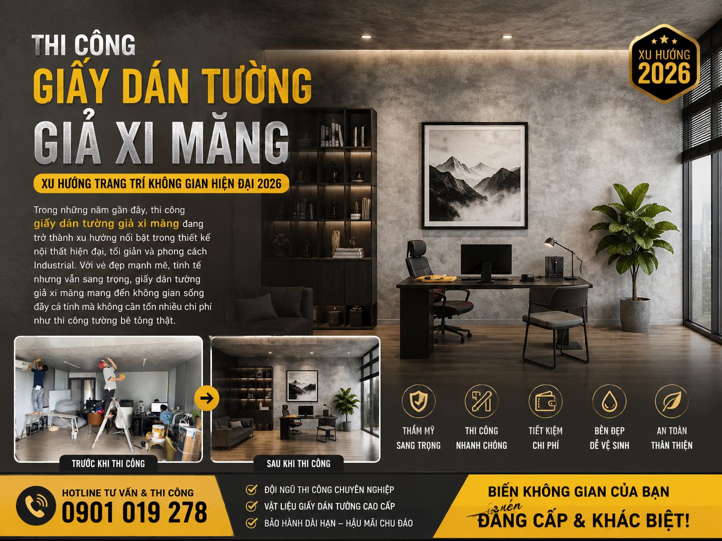 thi công giấy dán tường giả xi măng
