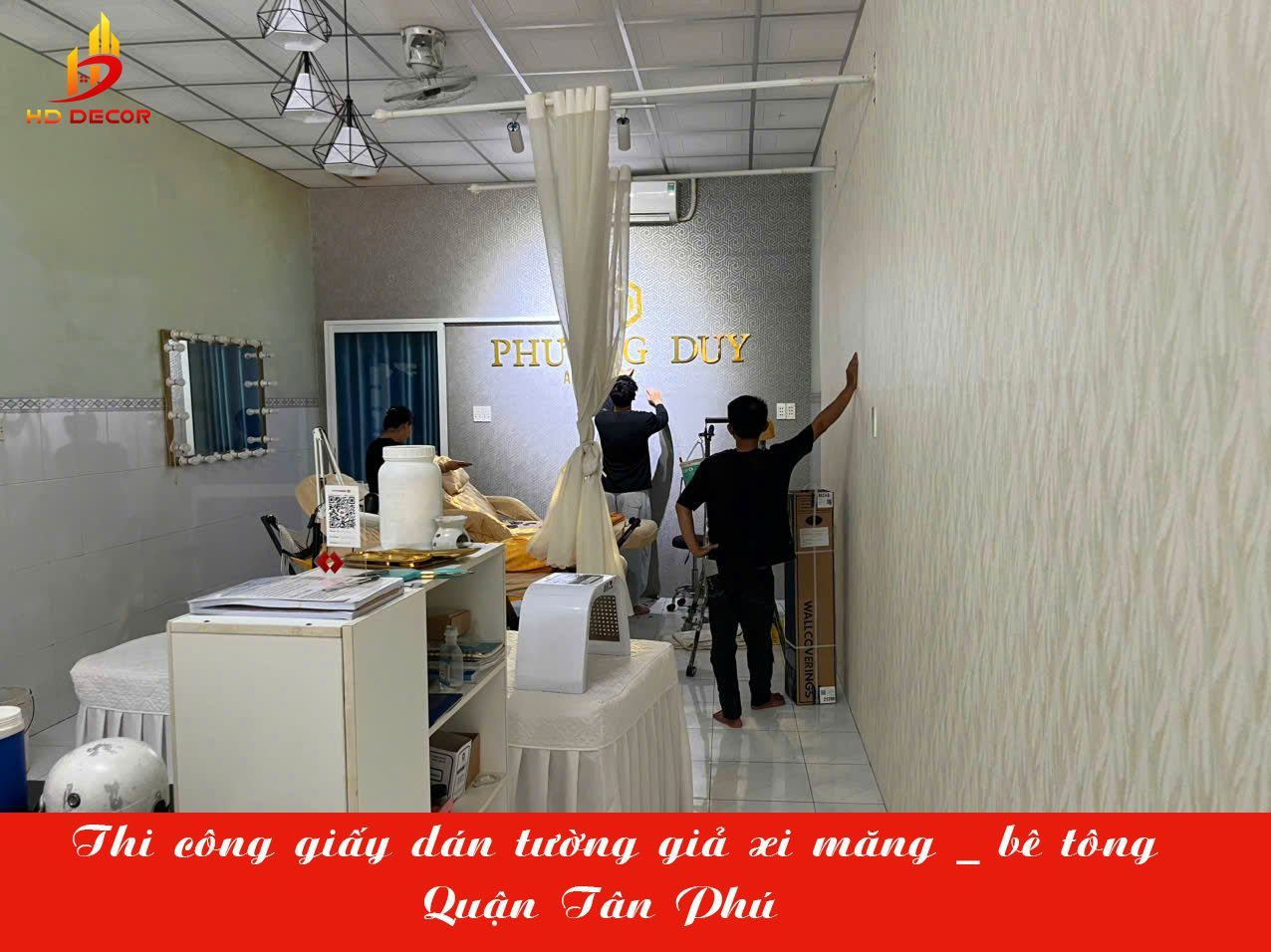 công trình thực tế thi công giấy dán tường giả xi măng 