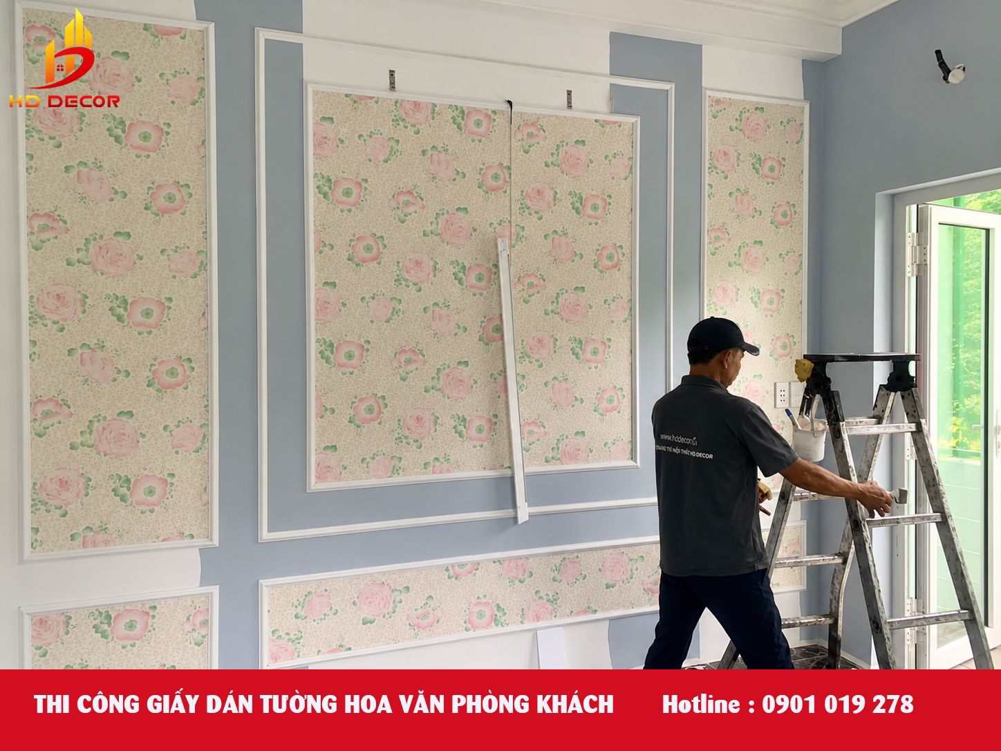 thi công giấy dán tường hoa văn phòng khách