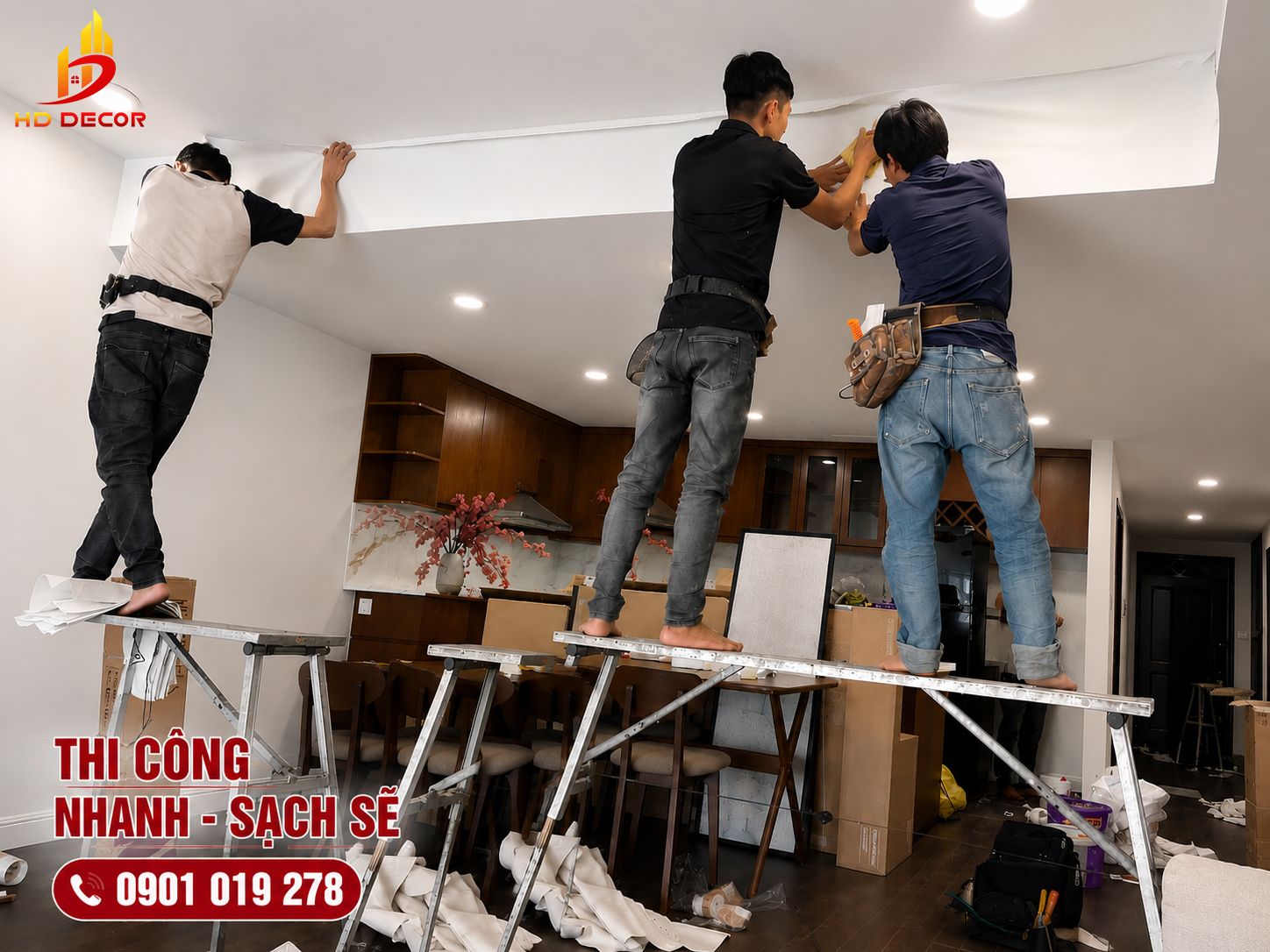 thi công giấy dán tường nhanh chóng sạch sẽ