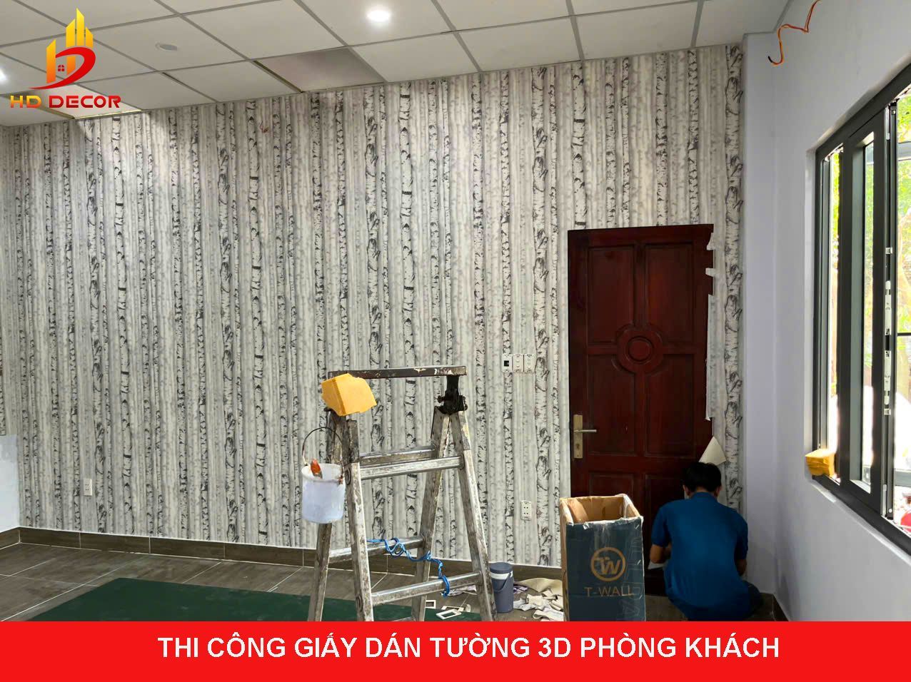 thi công giấy dán tường phòng khách 