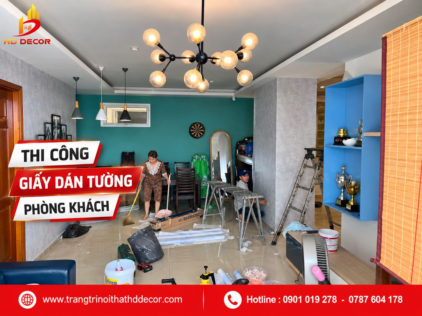 thi công giấy dán tường phòng khách 