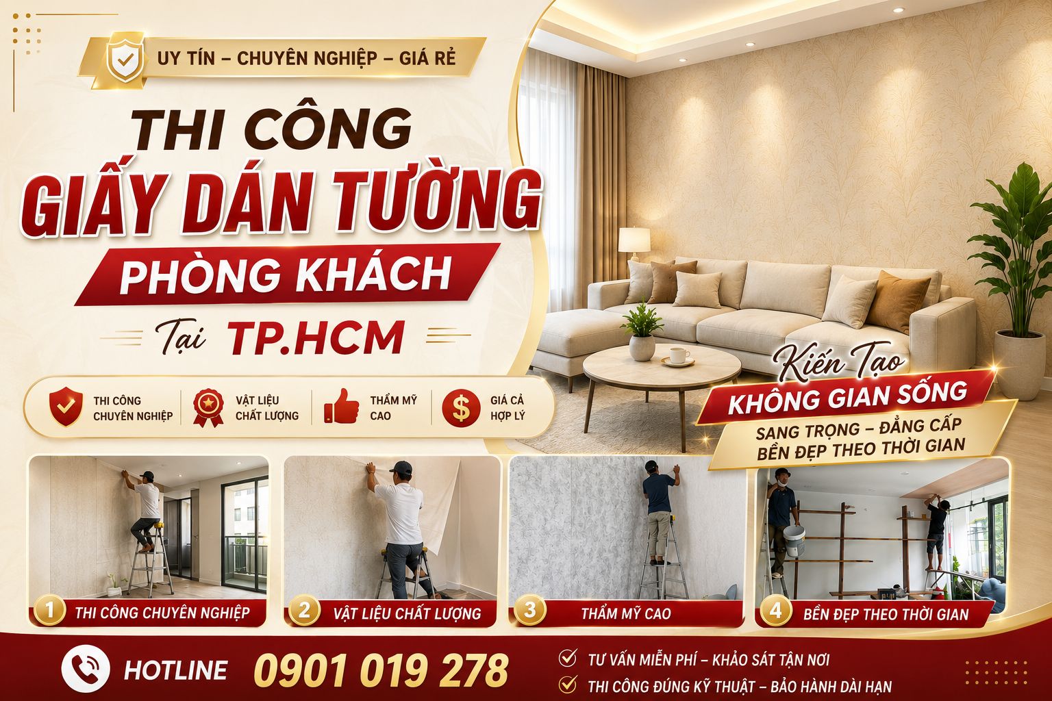 thi công giấy dán tường phòng khách