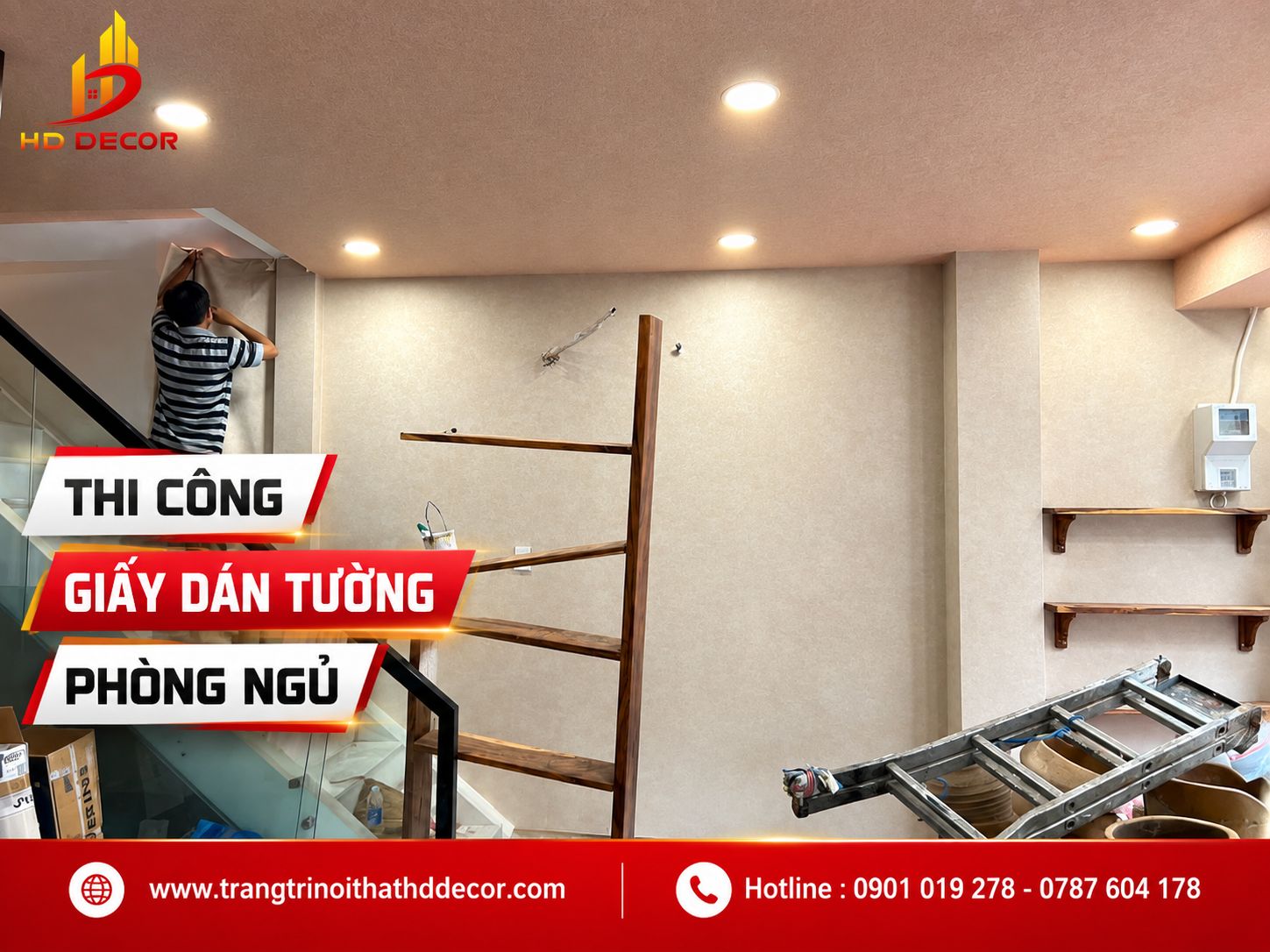 thi công giấy dán tường phòng ngủ 