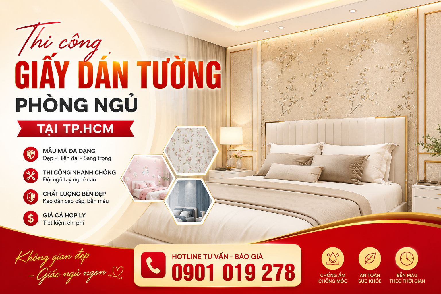 thi công giấy dán tường phòng ngủ