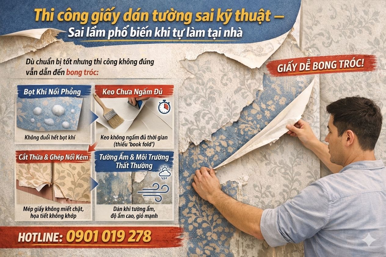 thi công giấy dán tường sai kĩ thuật