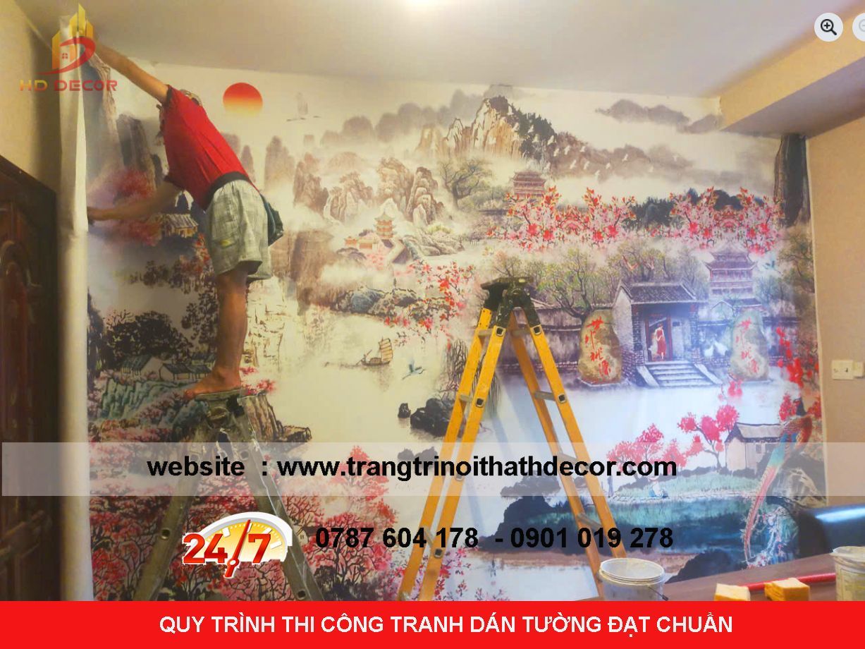 quy trình thi công tranh dán tường theo yêu cầu 