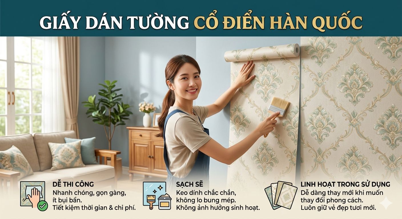 thi công giấy dán tường cổ điển hàn quốc