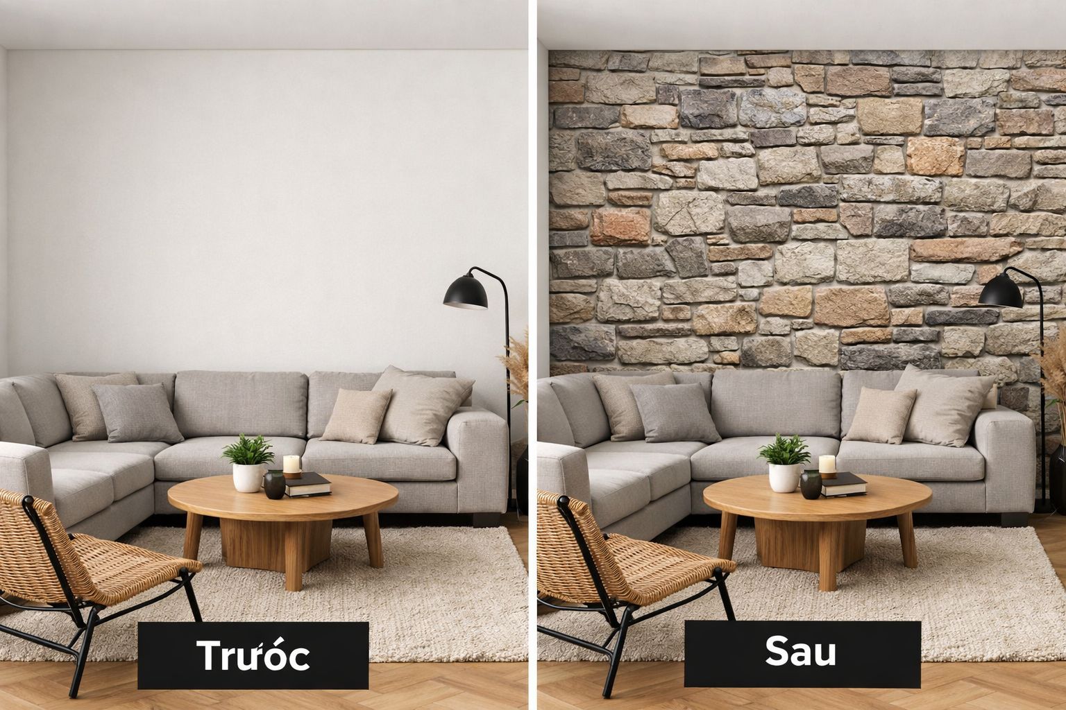 trước và sau khi thi công giấy dán tường giả đá