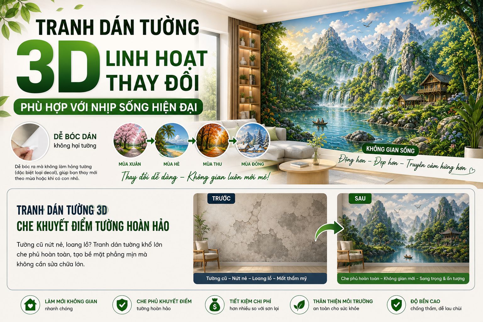 tranh dán tường 3D linh hoạt thay đổi