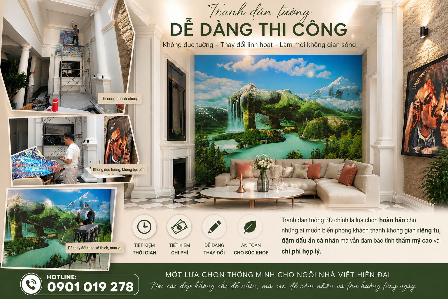 tranh dán tường 3D dễ dàng thi công