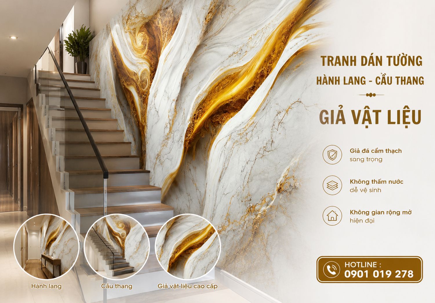 tranh dán tường 3D hành lang cầu thang giả vật liệu