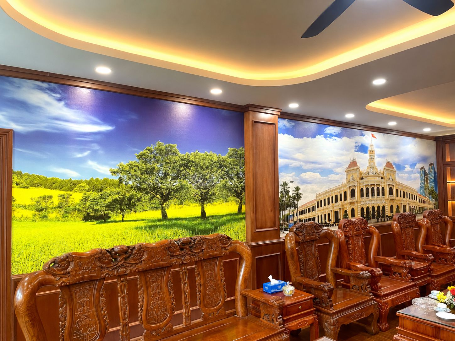 tranh dán tường 3D phòng khách phong cảnh thiên nhiên