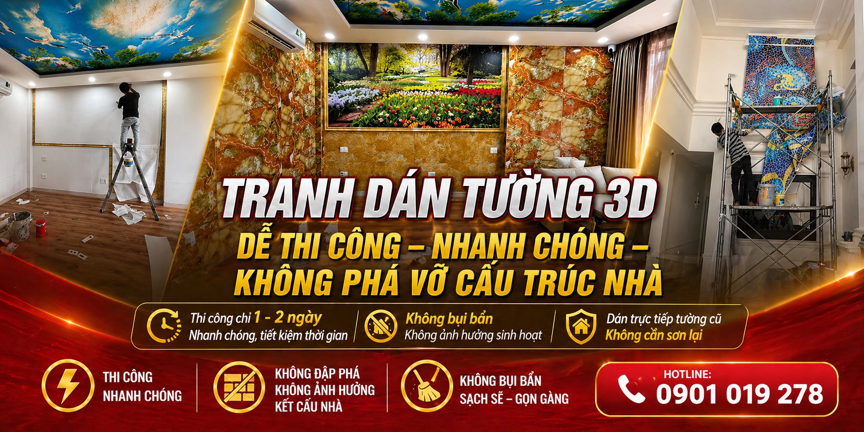 tranh dán tường 3D dể thi công nhanh chóng không phá vỡ cấu trúc nhà