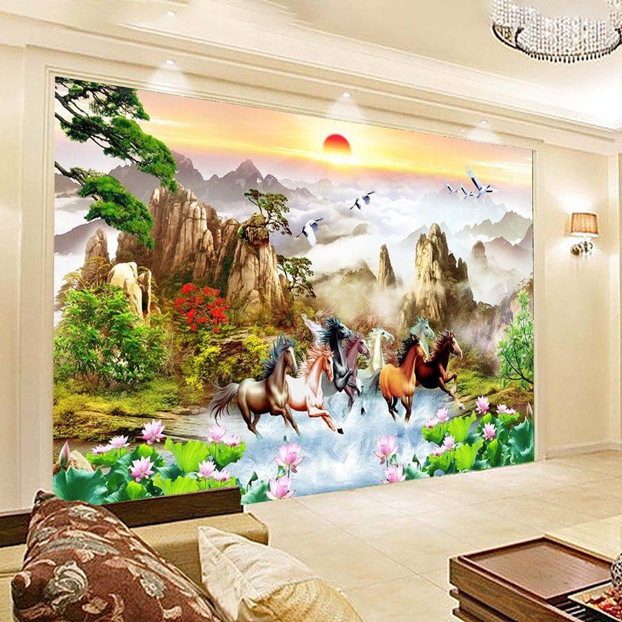 tranh dán tường mã đáo thành công cho phòng khách 