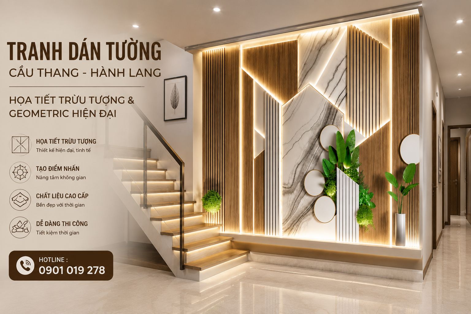 tranh dán tường cầu thang hành lang họa tiết trừu tượng