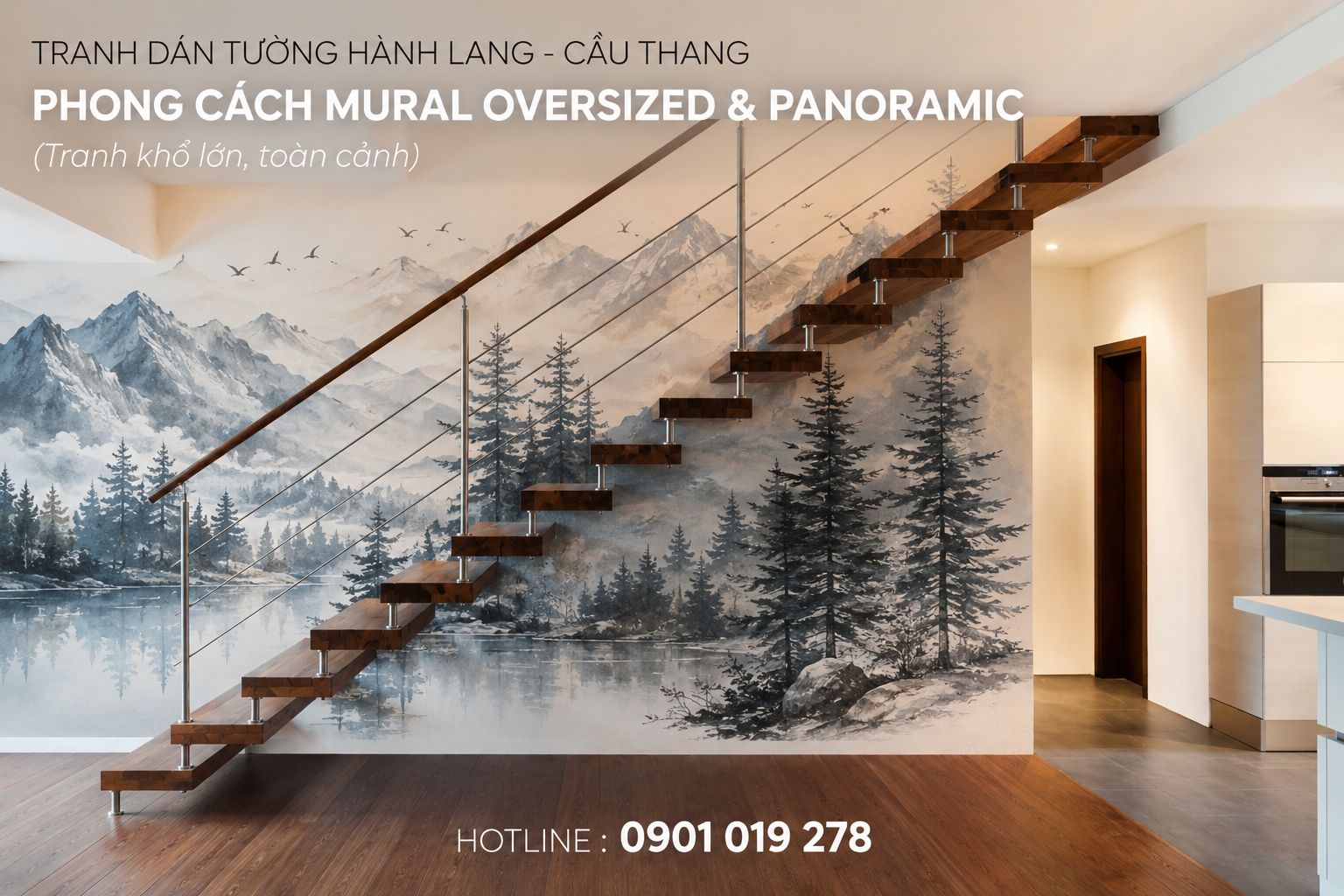 tranh dán tường hành lang cầu thang phong cách oversize