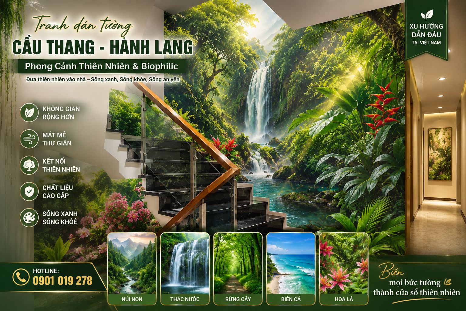 tranh dán tường cầu thang - hành lang phong cách thiên nhiên