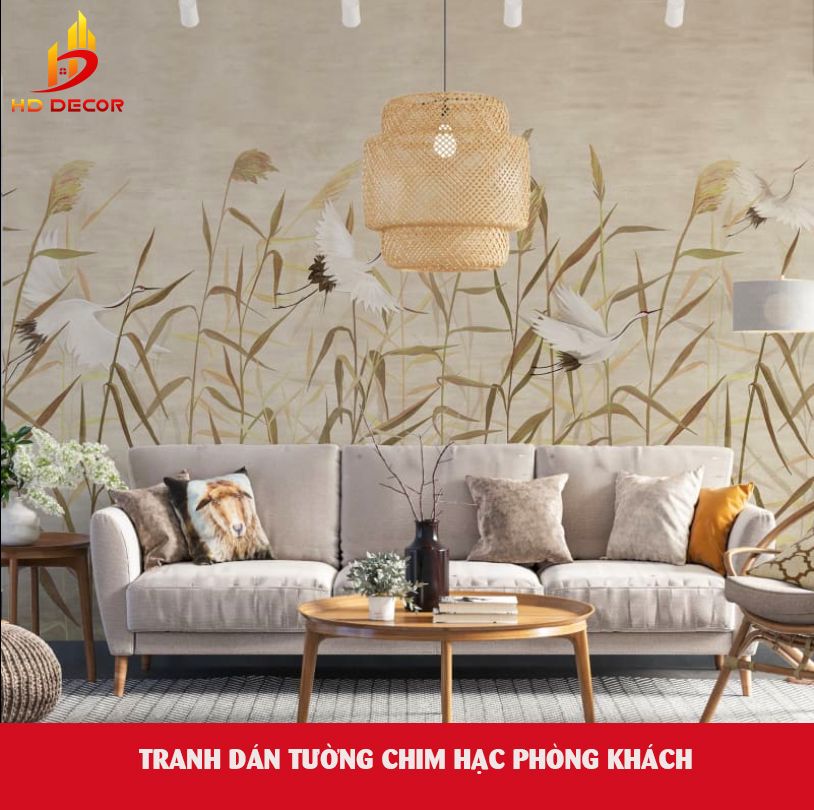 tranh dán tường chim hạc cho phòng khách 