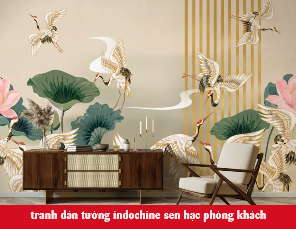 tranh dán tường hoa sen chim hạc phòng khách