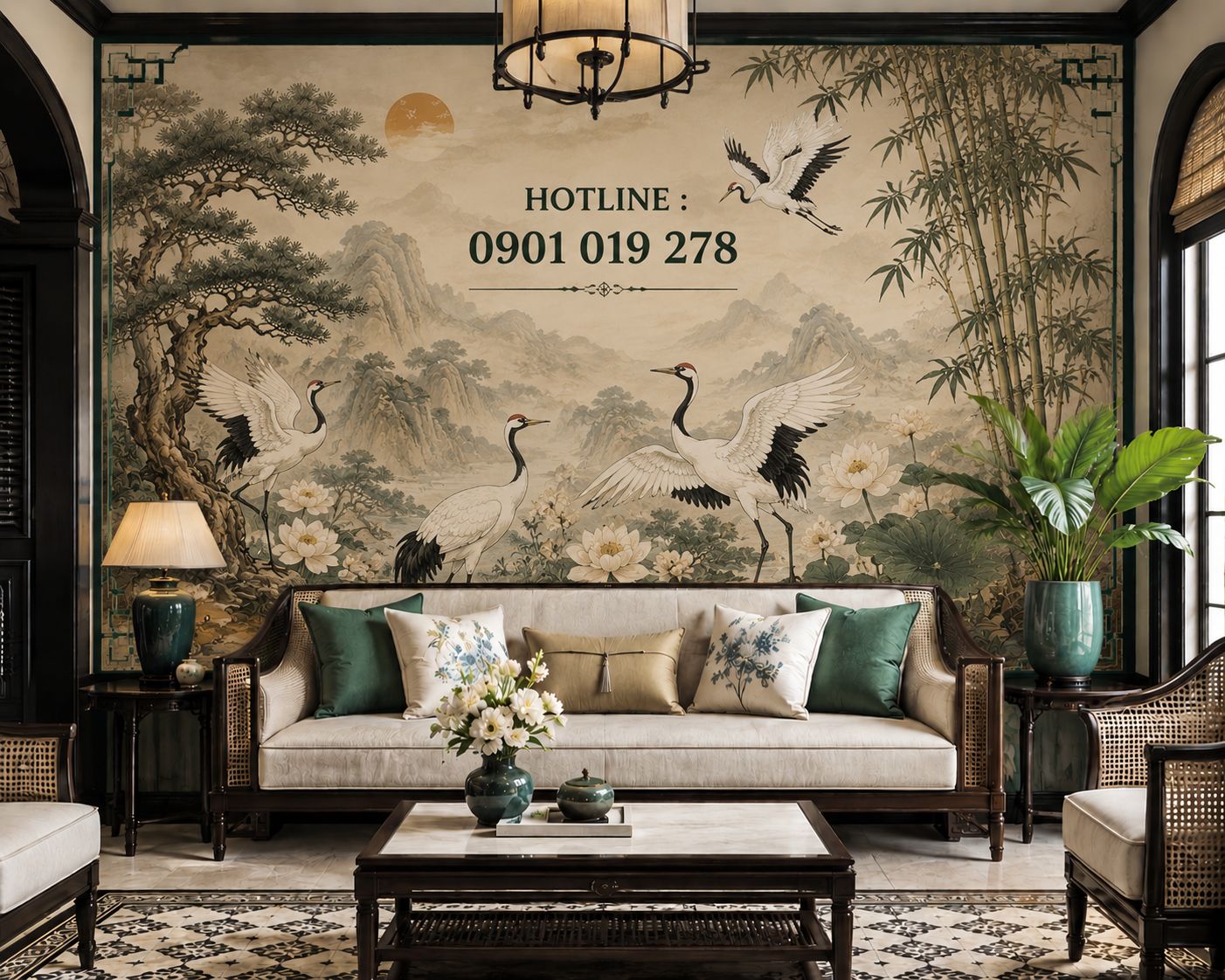 tranh dán tường chim hạc phòng khách